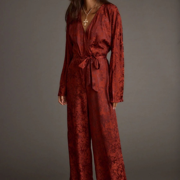 12th Tribe Noelle Cinnamon Satin Jacquard Jumpsuit - Picture 1 of 3